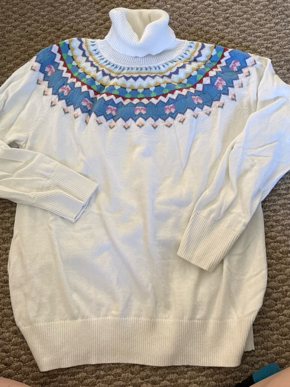 L.L. Bean Cream Turtleneck Sweater with Blue and Multicolor Fair Isle Yoke